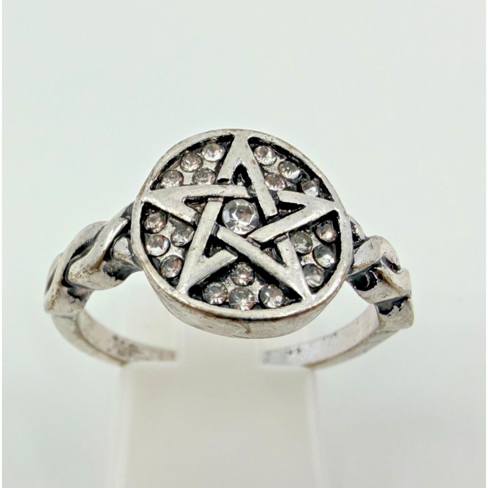 VTG Silver Tone Rhinestone Pentagram Ring Gothic Wiccan Statement Piece